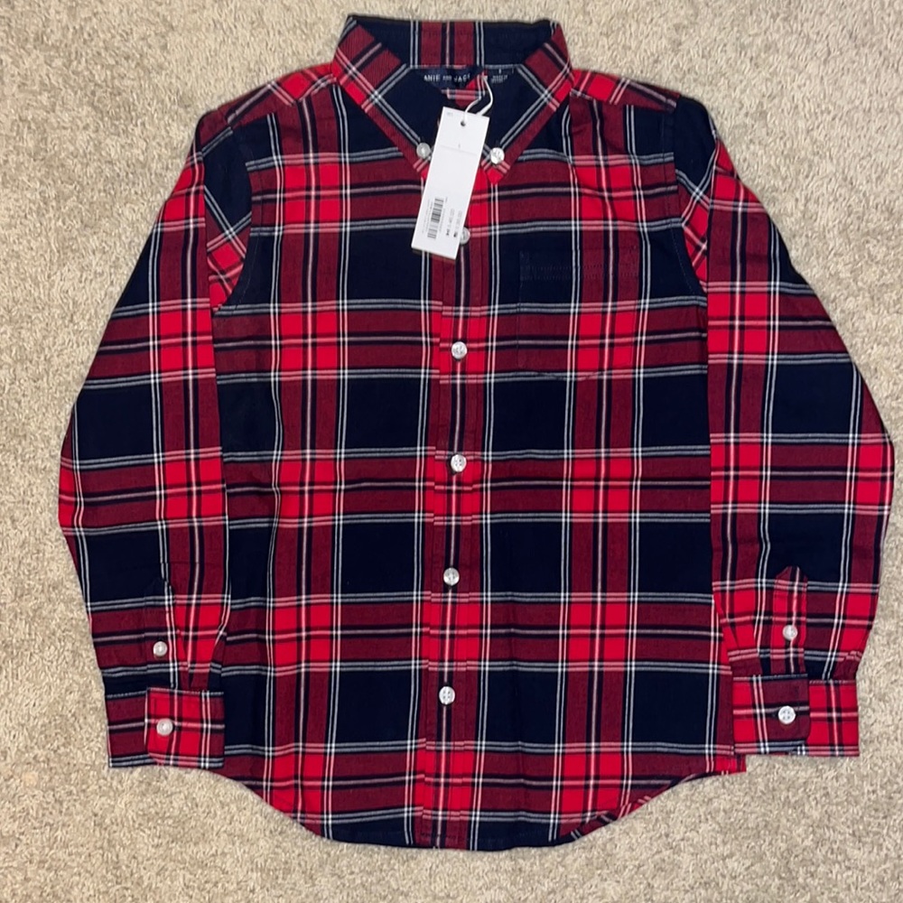 Boys long sleeve button down Janie and Jack shirt. Size 6. Navy and Red plaid